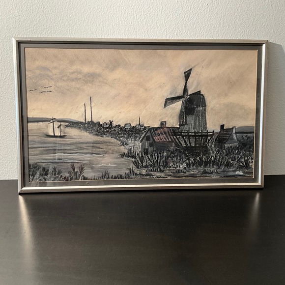 Vintage Charcoal Drawing Windmill Landscape Framed Wall Art Decor - Picture 1 of 3